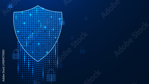 Futuristic shield with digital pixels and padlock. Computer network protection, cyber security system and personal data protection concept on dark blue background