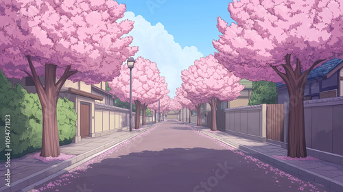 Charming Japanese Town Under Cherry Blossom Trees
