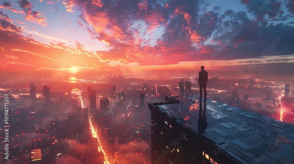 A silhouette stands on a rooftop, gazing at a vibrant sunset over a bustling cityscape. A silhouette stands on a rooftop, gazing at a vibrant sunset over a bustling cityscape.