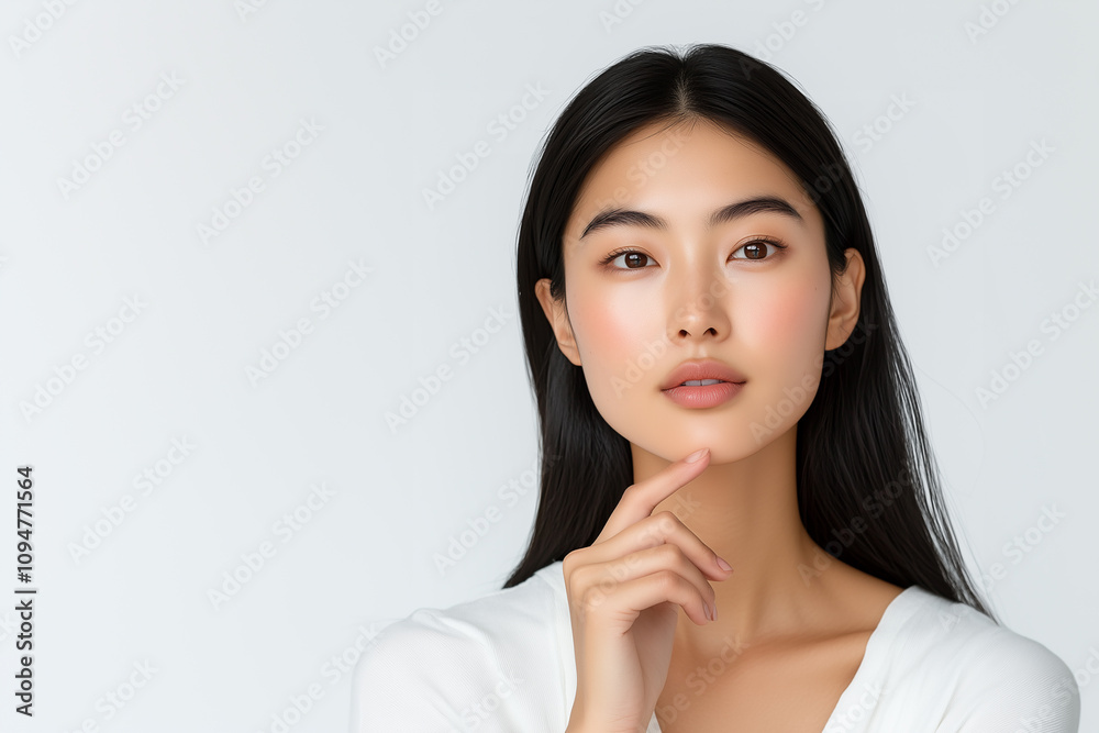Asian woman placing a finger under the chin, showing confidence in professional clinical skincare results on a white background. Asian woman placing a finger under the chin, showing confidence in professional clinical skincare results on a white background.