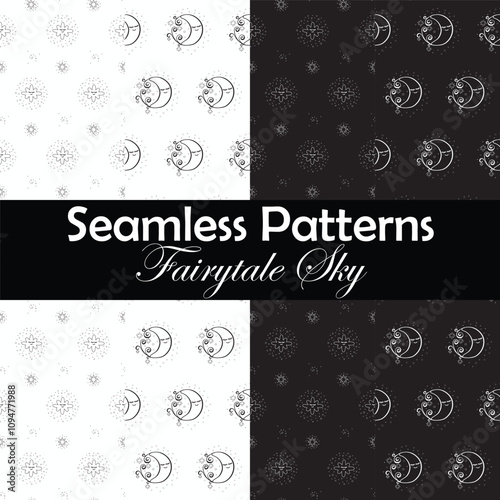 Set of four Seamless pattern with Hand drawn curly doodles of stars and moons on a transparent background