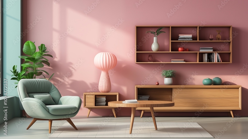 A chic and modern living room with a green armchair, wooden cabinet, and coffee tables. The pink wall adds warmth to the space. A chic and modern living room with a green armchair, wooden cabinet, and coffee tables. The pink wall adds warmth to the space.