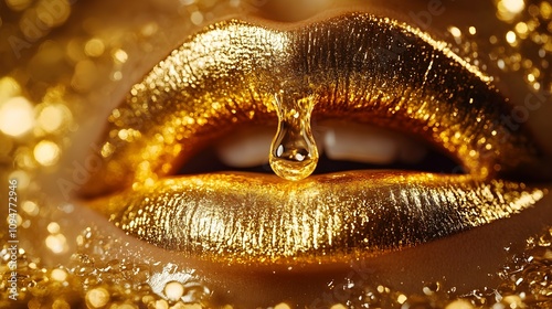 emale lips with golden liquid dropping photo