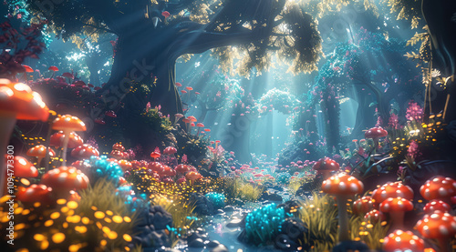 A mysterious forest, where luminous plants and peculiar creatures gather, abundant in colorful patterns.