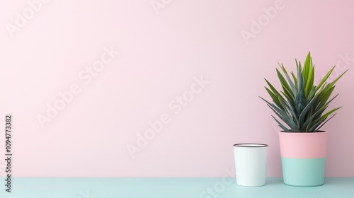 Pastel Pink Mint Green Plant Pot and Cup Still Life