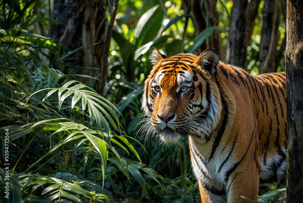 Fototapeta premium A stealthy tiger prowling through dense jungle foliage, with dappled sunlight breaking through the trees.
