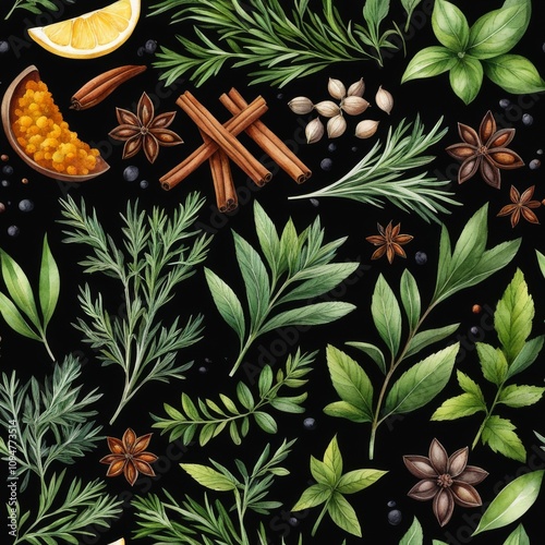Set with different herbs on a black background