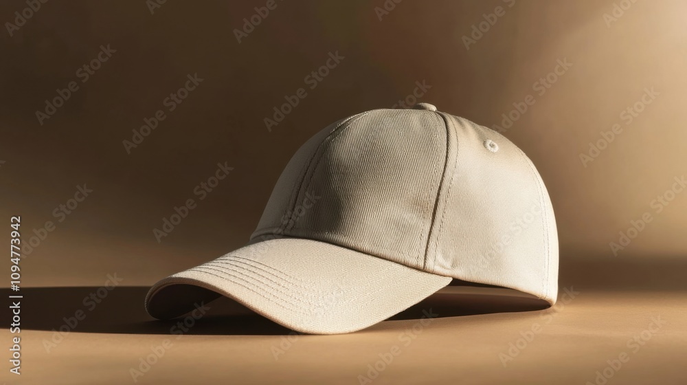 Neutral-colored baseball cap displayed as a blank canvas for customization and branding Neutral-colored baseball cap displayed as a blank canvas for customization and branding