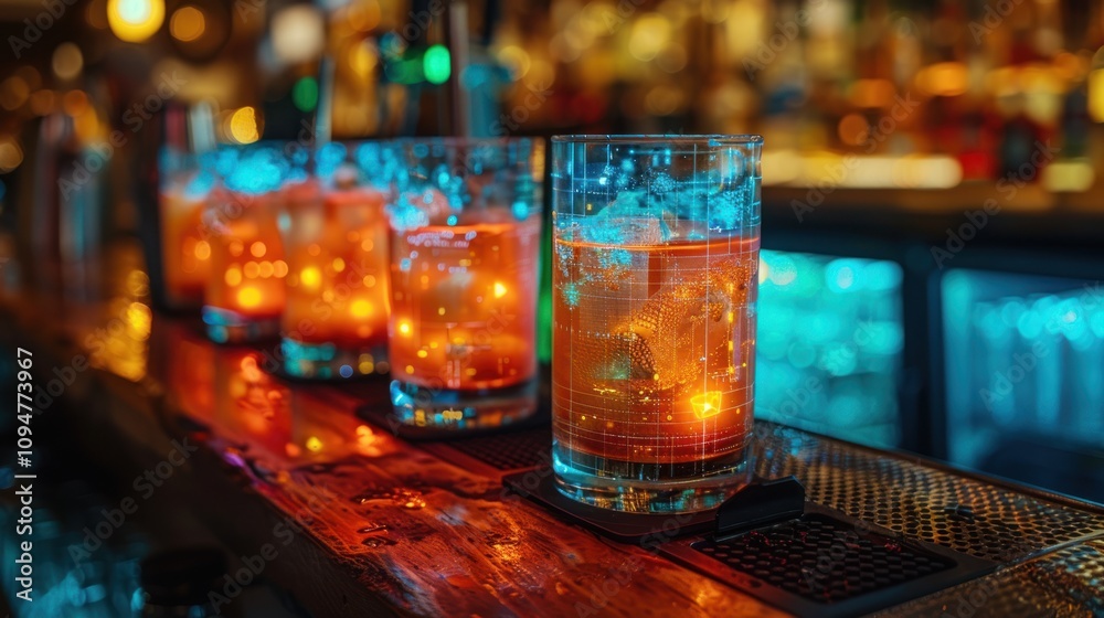 A vibrant bar scene showcasing illuminated cocktails on a wooden counter. A vibrant bar scene showcasing illuminated cocktails on a wooden counter.