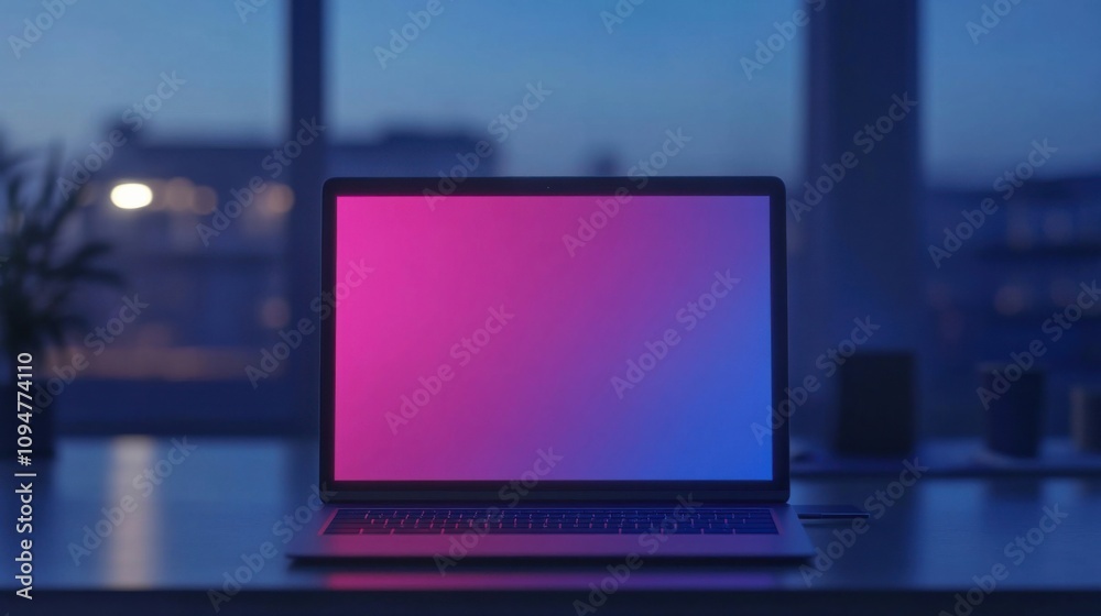 Laptop with a blank screen displayed for customization in an office-style environment Laptop with a blank screen displayed for customization in an office-style environment