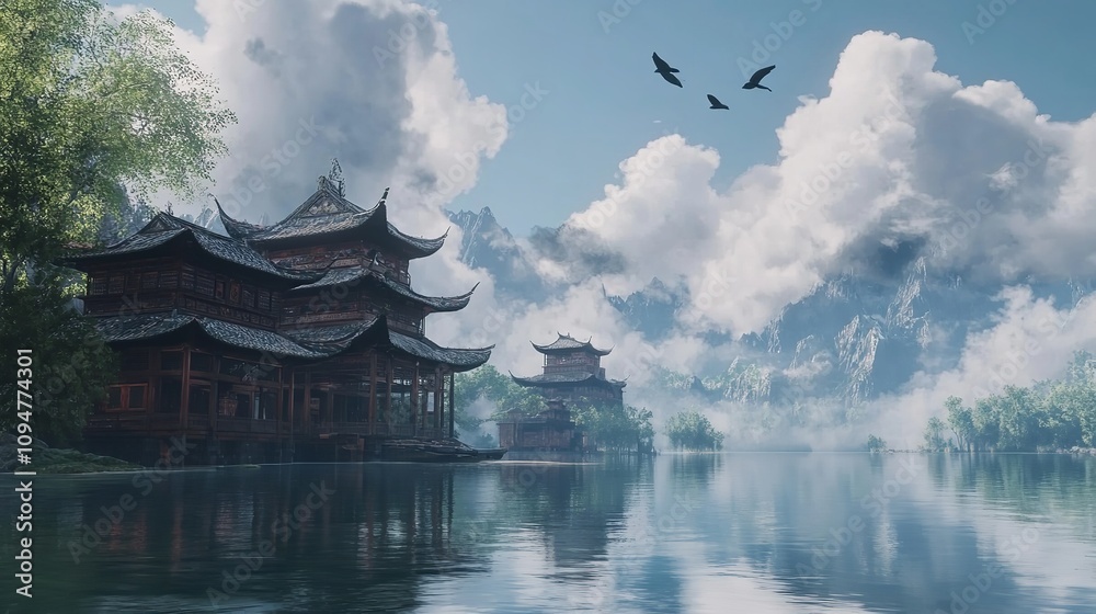 Beautiful Painting of Asian Buildings Covered with Clouds Beautiful Painting of Asian Buildings Covered with Clouds