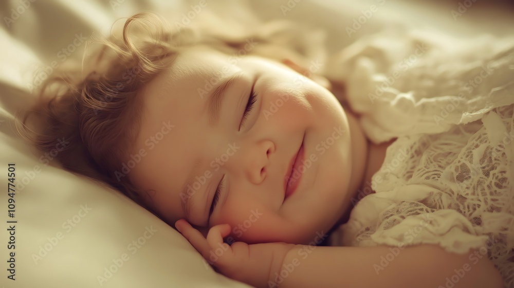 Sweet baby girl sleeping peacefully in bed, smiling. Sweet baby girl sleeping peacefully in bed, smiling.