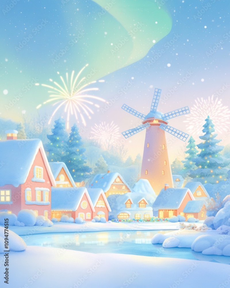 Naklejka premium Magical christmas town concept. Winter village in a wonderland, glowing aurora and soft fireworks in the sky, dreamlike celebration ambience