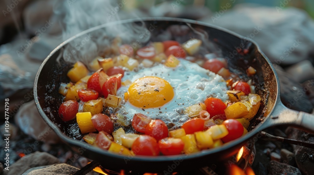 A skillet with eggs and vegetables cooking over an open fire, creating a rustic meal.