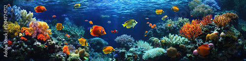 A vibrant coral reef teeming with colorful fish, surrounded by crystal-clear turquoise water.