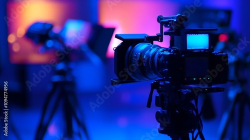 A professional video camera with a blurry background of a set