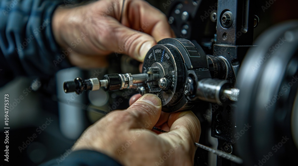 Naklejka premium A close-up of hands adjusting a mechanical component, showcasing precision in engineering.