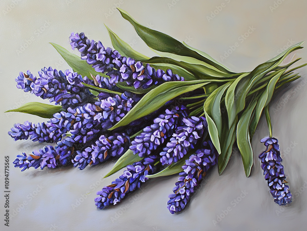 Obraz premium whimsical loose bouquet of lavender sprigs with vibrant purple flowers and lush green leaves, creating serene and calming atmosphere