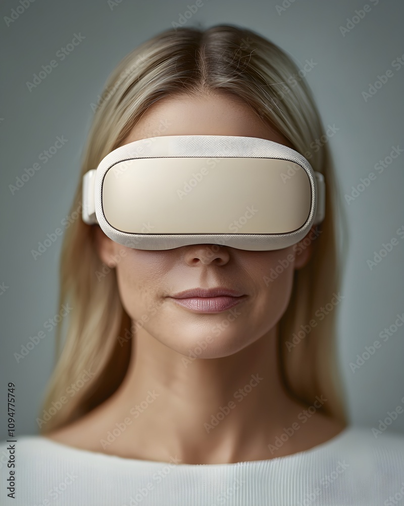 Woman experiencing virtual reality with sleek VR headset Woman experiencing virtual reality with sleek VR headset