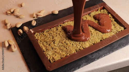 pouring chocolate over pistachio filling in silicon mold. process of making Dubai chocolate with pistachio paste, tahini and kataifi dough. Pouring chocola
chocolate, pouring, pistachio, filling, mold