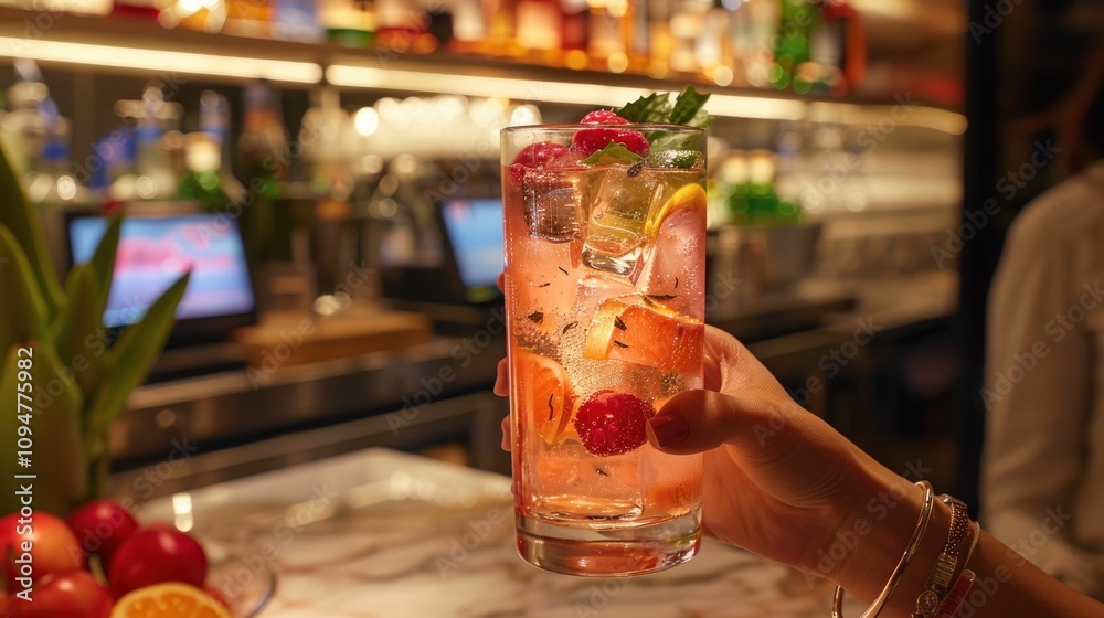 A refreshing cocktail with fruits and mint, served in a lively bar setting. A refreshing cocktail with fruits and mint, served in a lively bar setting.