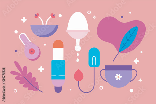 An artful arrangement of menstrual products on a pink backdrop, featuring cups, tampons, tracking device, and decorative elements like leaves and flowers.