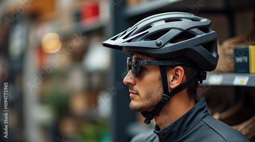 Man Wearing Bicycle Helmet and Sunglasses in a Shop Setting