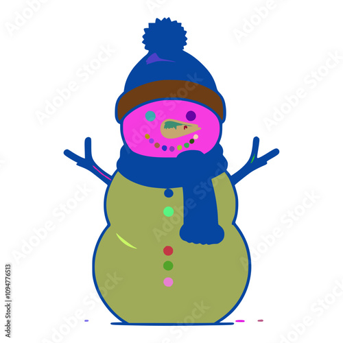 The snowman has a blue hat with a brown band around it. There is a green snowman with a blue scarf around its neck. There are green dots on the snowman's neck.