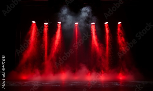  Free stage with lights and smoke, Empty stage with red spotlights, conser, show, party, Presentation concept. Red spotlight strike on black background  photo