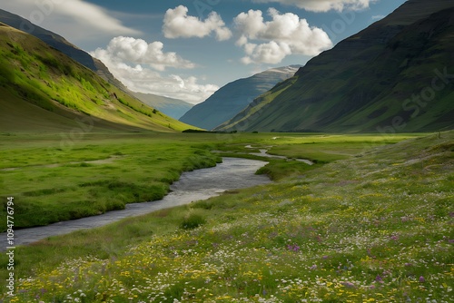 Serene Valley Landscape Mountains, River, Wildflowers, Meadow, Clouds, Green, Nature, Scenery, Beauty