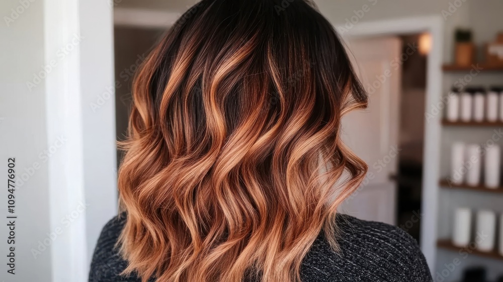 Fototapeta premium Beautiful wavy hair with warm caramel highlights styled in a cozy salon setting