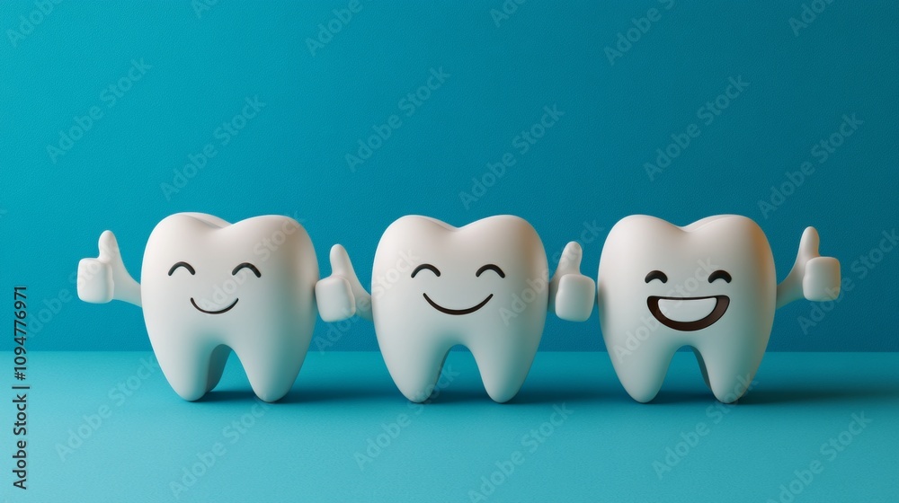 Fototapeta premium 3D Render of Three Happy White Cartoon Teeth Characters Giving Thumbs Up on Blue Background