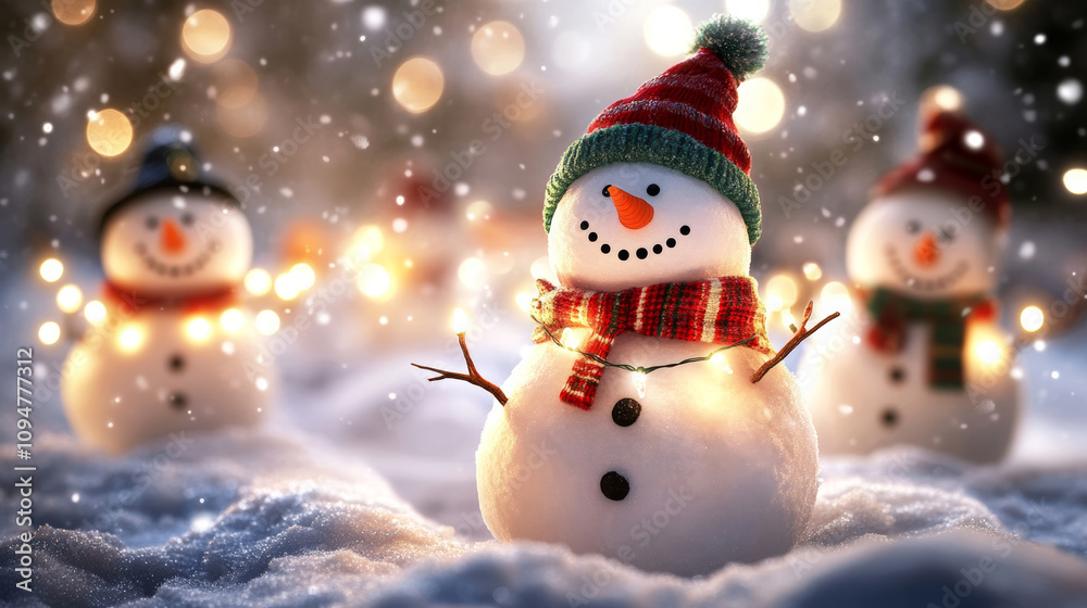 Snowmen in festive hats and scarves celebrate winter joy in a snowy landscape adorned with warm holiday lights