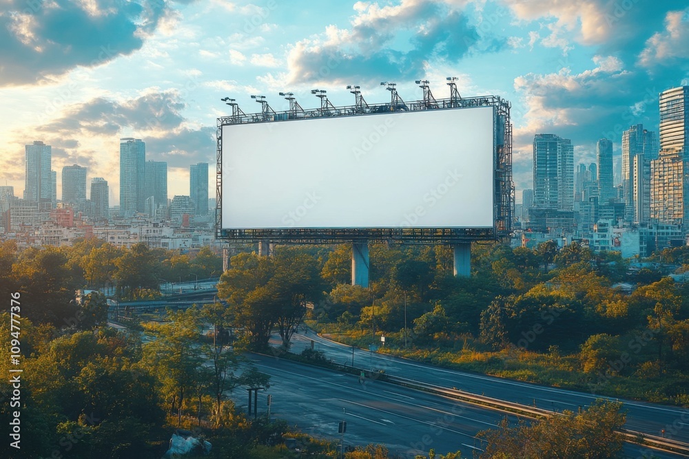 Empty white billboard set against a city backdrop. Bright and versatile advertising space. Ideal for marketing and promotional campaigns. Empty white billboard set against a city backdrop. Bright and versatile advertising space. Ideal for marketing and promotional campaigns.