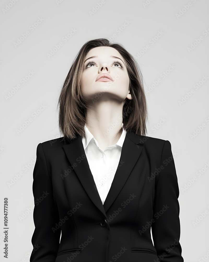 Professional woman looking upwards in a business suit Professional woman looking upwards in a business suit