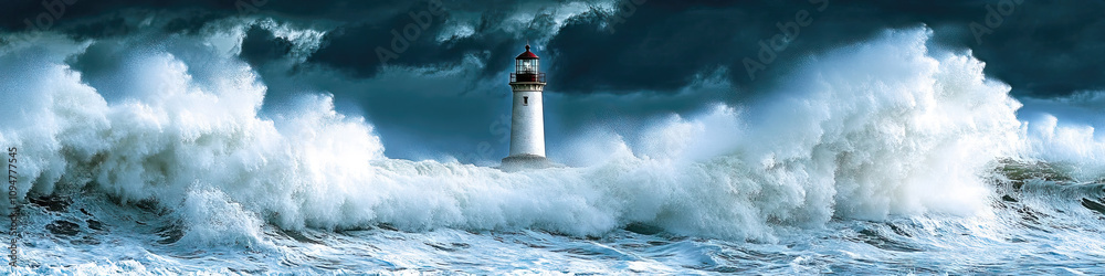 A lighthouse stands sentry over crashing waves. A lighthouse stands sentry over crashing waves.