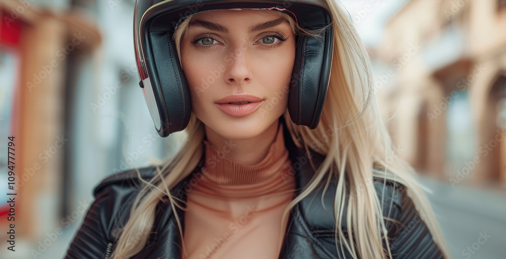 A stunning blonde woman wearing a old motorbike helmet. A stunning blonde woman wearing a old motorbike helmet.