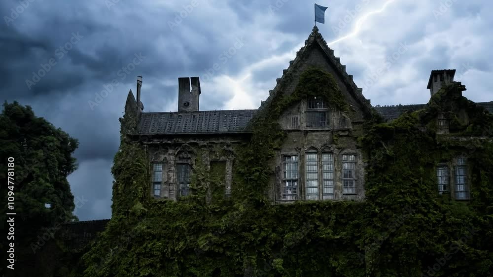 An old, abandoned mansion is shown being struck by lightning during a storm. An old, abandoned mansion is shown being struck by lightning during a storm.