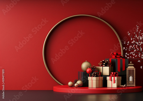 A round flat podium, 5 gift boxes and lamp staggered around, circular shapes 
