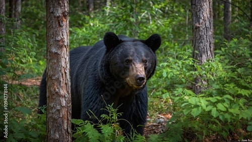 A black bear stands amidst trees and foliage in a natural forest setting.