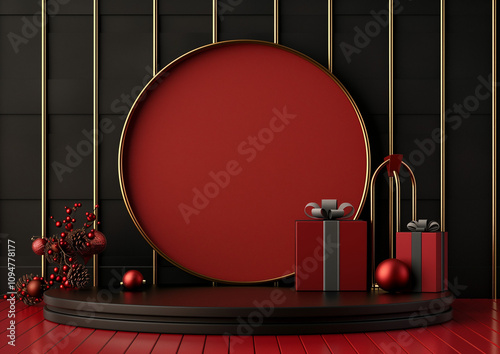 A round flat podium, 5 gift boxes and lamp staggered around, circular shapes 