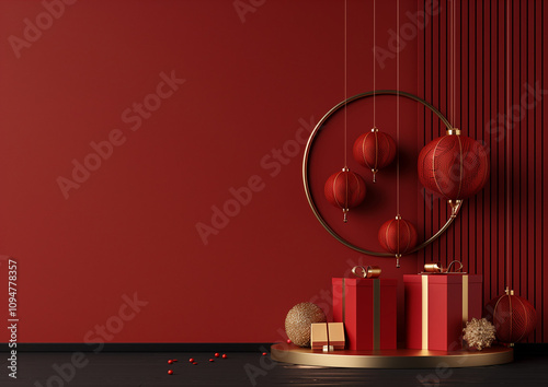 A round flat podium, 5 gift boxes and lamp staggered around, circular shapes 