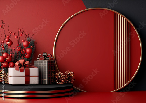 A round flat podium, 5 gift boxes and lamp staggered around, circular shapes 