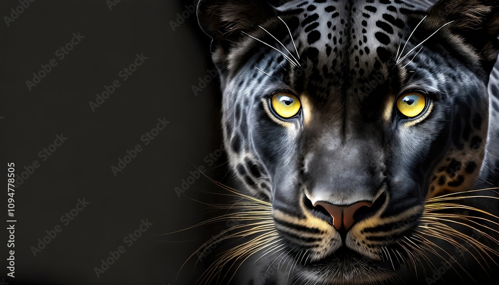 A close-up view of a black jaguar with piercing yellow eyes and sharp focus in dim light, representing mystery and strength A close-up view of a black jaguar with piercing yellow eyes and sharp focus in dim light, representing mystery and strength
