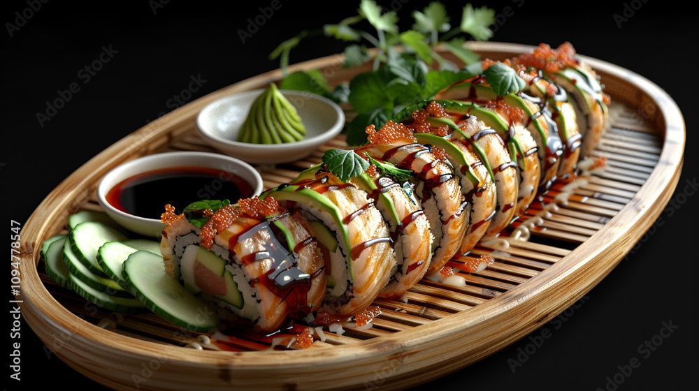 A beautifully arranged plate of sushi rolls with fresh avocado, cucumber, and seaweed, served with a side of soy sauce, wasabi, and ginger slices on a bamboo mat.