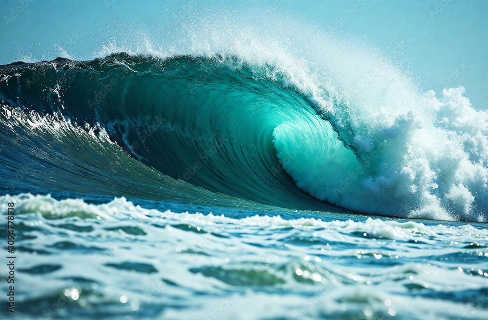 Obraz premium Blue ocean wave, white sea foam, storm, seascape, blue depth. AI Generative