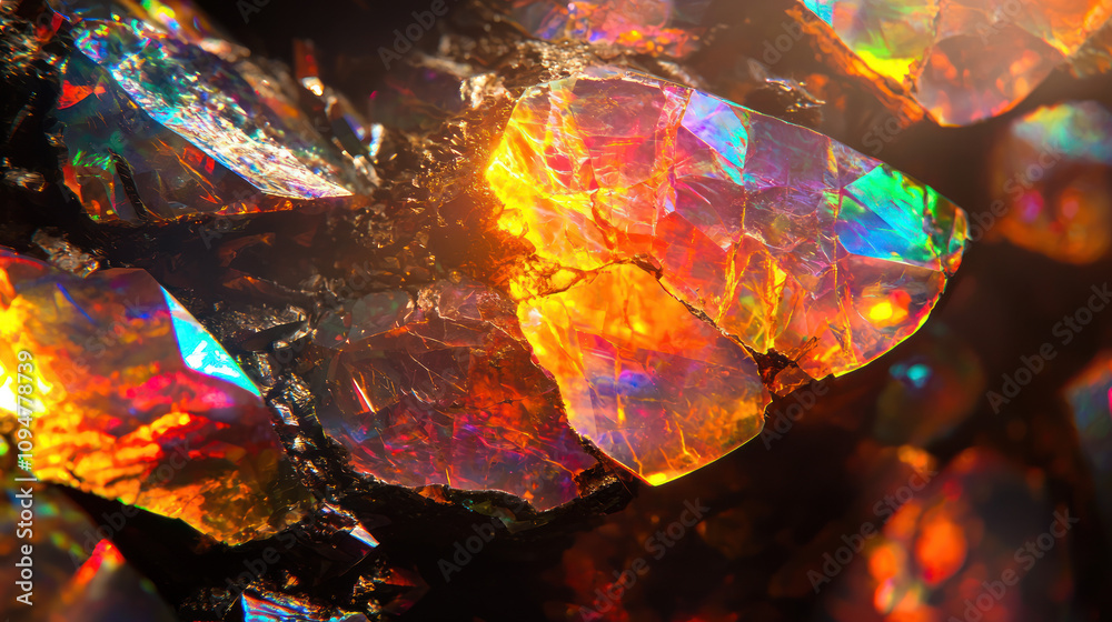 Fire Opal Macro: A vibrant, iridescent fire opal shimmers with mesmerizing hues of red, orange, and yellow, captured in a close-up shot that reveals its intricate crystalline structure. background, Fire Opal Macro: A vibrant, iridescent fire opal shimmers with mesmerizing hues of red, orange, and yellow, captured in a close-up shot that reveals its intricate crystalline structure. background,