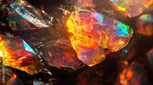 Fire Opal Macro: A vibrant, iridescent fire opal shimmers with mesmerizing hues of red, orange, and yellow, captured in a close-up shot that reveals its intricate crystalline structure. background, 