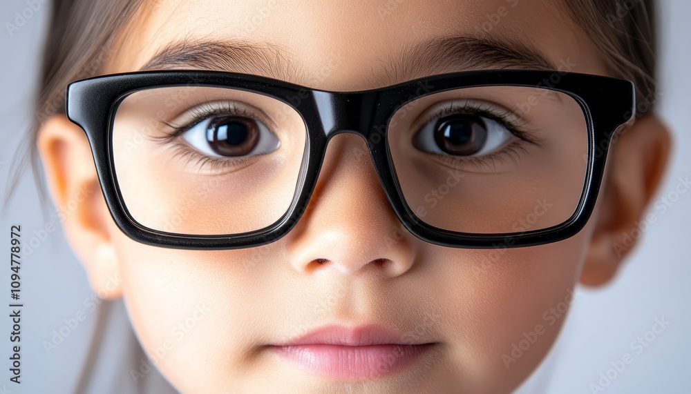 Close Up Portrait, Young Girl with Big Black Glasses, Childhood Vision Care, Eye Health Concept. Close Up Portrait, Young Girl with Big Black Glasses, Childhood Vision Care, Eye Health Concept.