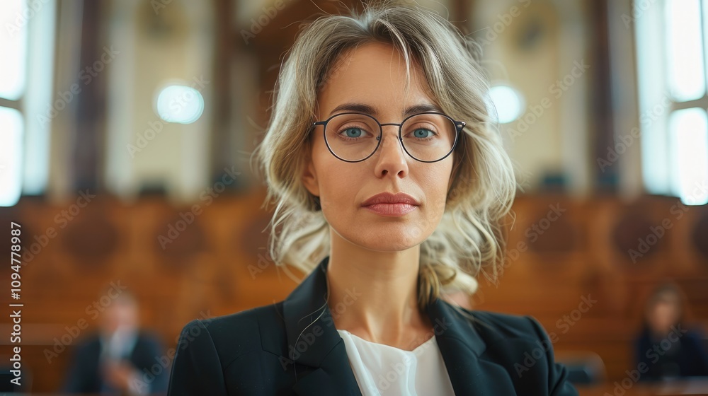 Middle aged female lawyer wearing glasses standing in a courtroom. Middle aged female lawyer wearing glasses standing in a courtroom.